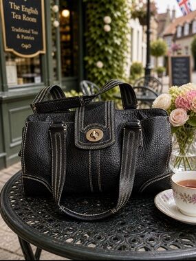 Coach Black Pebbled Leather Hampton Satchel bag with silver Turn-Lock F13961
